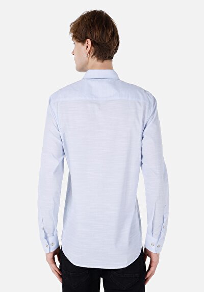 صورة من قميص عادي رقبة مستقيم رجالي أزرق قميص قابل للطي