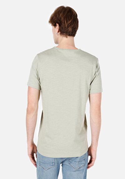 صورة من رقبة مستديرة مستقيم رجالي أخضر كم قصير تي شيرت