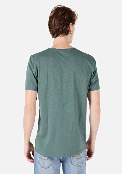 صورة من رقبة مستديرة مستقيم رجالي أخضر كم قصير تي شيرت