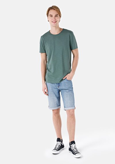 صورة من رقبة مستديرة مستقيم رجالي أخضر كم قصير تي شيرت