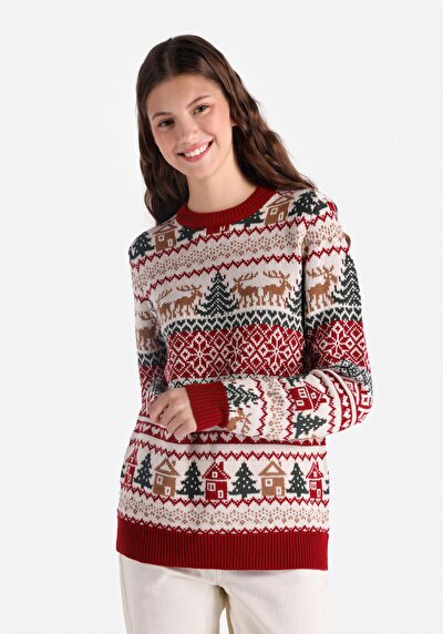 صورة من   رقبة مستديرة مطبوعة سترة عنابي نسائية