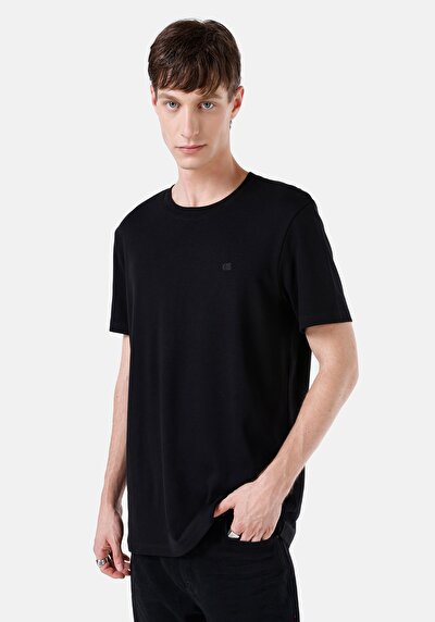 صورة من عادي مقاس رقبة مستديرة مستقيم رجالي أسود كم قصير تي شيرت