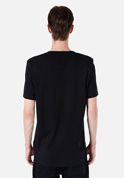 صورة من عادي مقاس رقبة مستديرة مستقيم رجالي أسود كم قصير تي شيرت