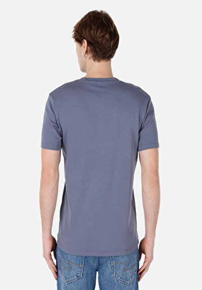 صورة من رقبة مستديرة مستقيم رجالي أزرق كم قصير تي شيرت