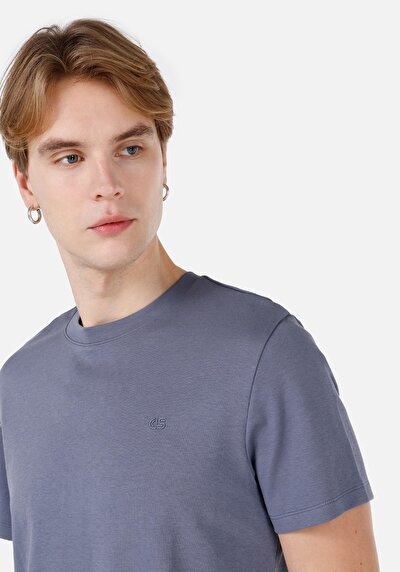 صورة من رقبة مستديرة مستقيم رجالي أزرق كم قصير تي شيرت