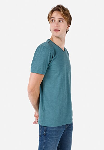 صورة من   على شكل V رقبة مستقيم رجالي أخضر كم قصير تي شيرت