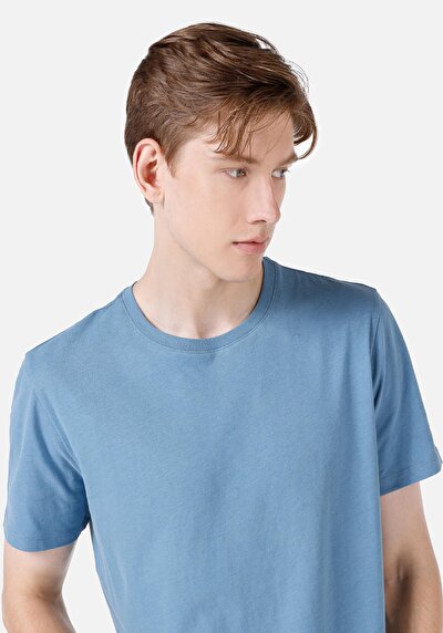 صورة من رقبة مستديرة مستقيم رجالي أزرق كم قصير تي شيرت