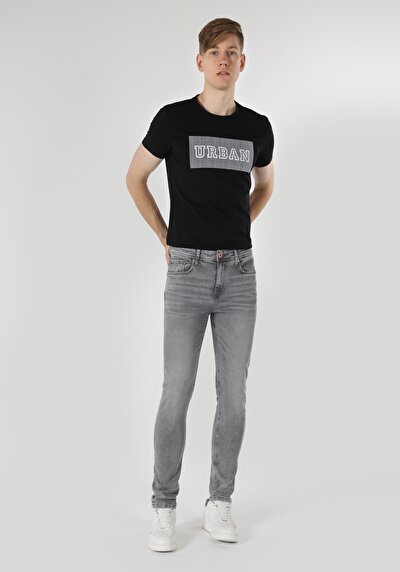 صورة من ضيق خصر عالي ضيق الساق الجينز الرمادي للرجال