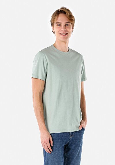 صورة من   رقبة مستديرة مستقيم رجالي تيشيرت بأكمام قصيرة فيروز