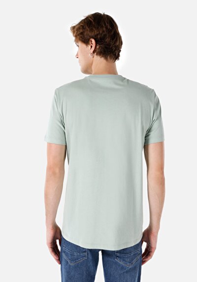 صورة من رقبة مستديرة مستقيم رجالي تيشيرت بأكمام قصيرة فيروز