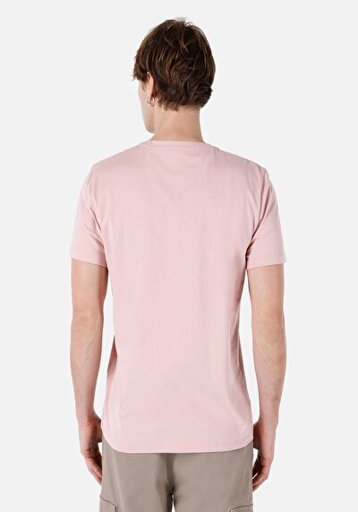 صورة من رقبة مستديرة مستقيم تي شيرت رجالي وردي بأكمام قصيرة
