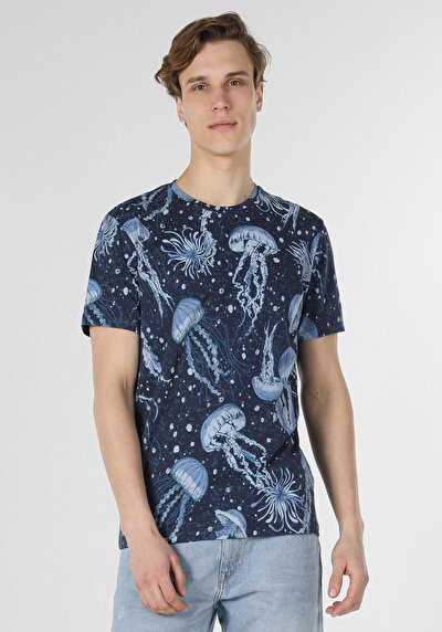 اعرض التفاصيل لـ   رقبة مستديرة مطبوعة رجالي أزرق كحلي كم قصير تي شيرت