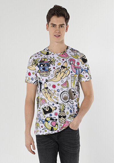 صورة من رقبة مستديرة مطبوعة رجالي متعدد الألوان كم قصير تي شيرت