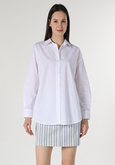 اعرض التفاصيل لـ قميص مريح ياقة مستقيم قميص أبيض بأكمام طويلة نسائي