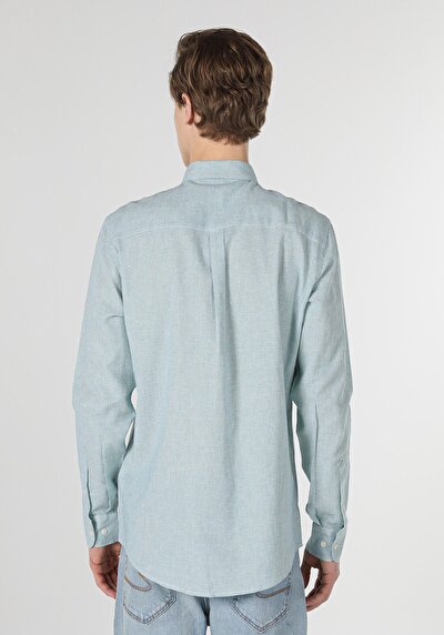 صورة من قميص عادي رقبة مستقيم رجالي فيروز كم طويل قميص