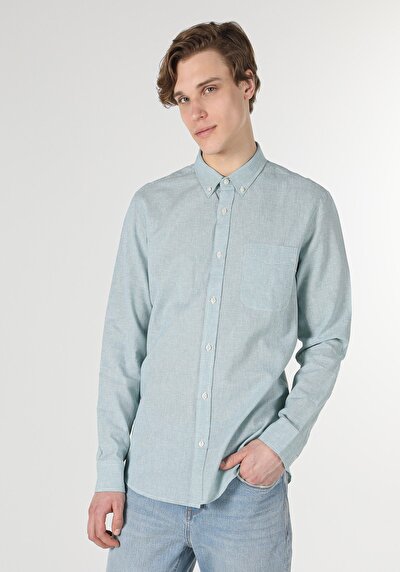 صورة من قميص عادي رقبة مستقيم رجالي فيروز كم طويل قميص