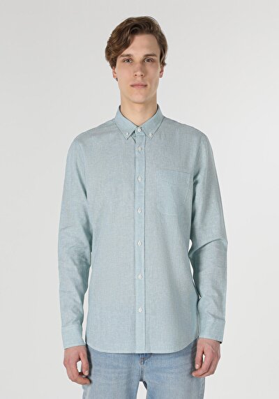 اعرض التفاصيل لـ قميص عادي رقبة مستقيم رجالي فيروز كم طويل قميص