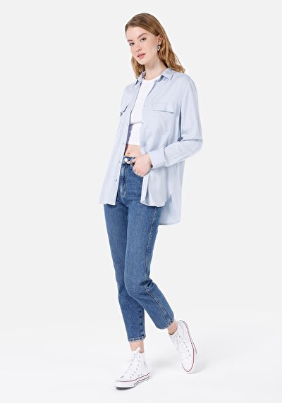 اعرض التفاصيل لـ قميص عادي رقبة مستقيم قميص نسائي أزرق قابل للطي