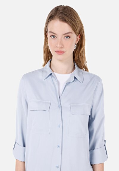 اعرض التفاصيل لـ قميص عادي رقبة مستقيم قميص نسائي أزرق قابل للطي