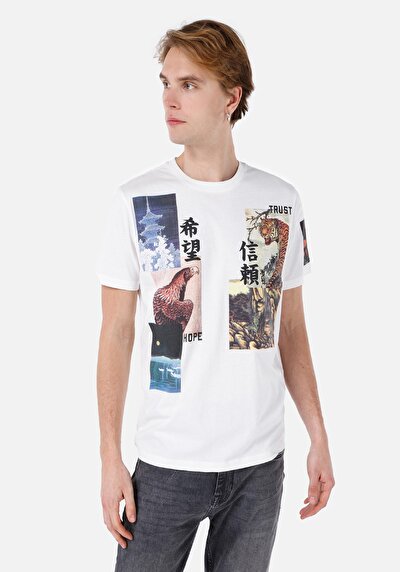 صورة من   رقبة مستديرة مستقيم تي شيرت أبيض بأكمام قصيرة للرجال