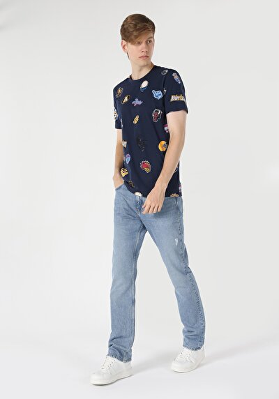 اعرض التفاصيل لـ   رقبة مستديرة مطبوعة رجالي أزرق كحلي كم قصير تي شيرت