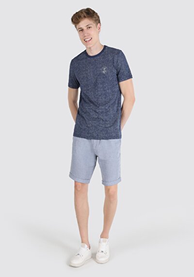 صورة من رقبة مستديرة مطبوعة رجالي أزرق كحلي كم قصير تي شيرت