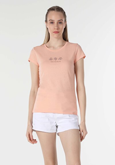 اعرض التفاصيل لـ   رقبة مستديرة مطبوعة نسائية برتقالية قصيرة الأكمام تي شيرت