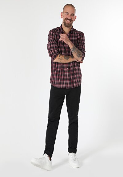 صورة من قميص   رقبة منقوشة رجالي أحمر كم طويل قميص