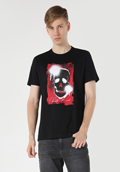 صورة من عادي مقاس رقبة مستديرة مستقيم رجالي أسود كم قصير تي شيرت