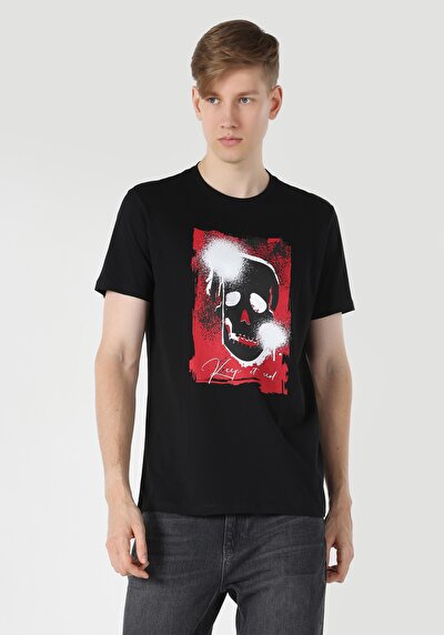 صورة من عادي مقاس رقبة مستديرة مستقيم رجالي أسود كم قصير تي شيرت