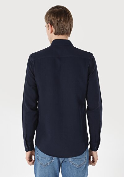 اعرض التفاصيل لـ قميص نحيف رقبة مستقيم رجالي أزرق كحلي كم طويل قميص