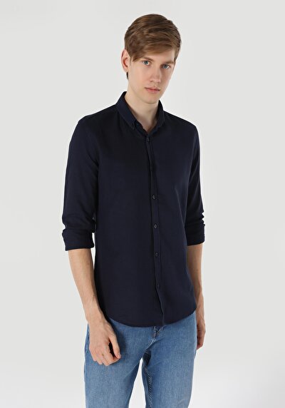 اعرض التفاصيل لـ قميص نحيف رقبة مستقيم رجالي أزرق كحلي كم طويل قميص