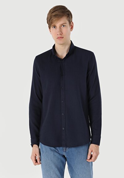 اعرض التفاصيل لـ قميص نحيف رقبة مستقيم رجالي أزرق كحلي كم طويل قميص