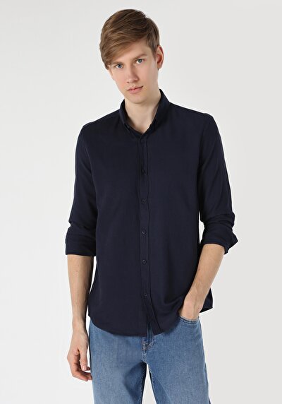 اعرض التفاصيل لـ قميص نحيف رقبة مستقيم رجالي أزرق كحلي كم طويل قميص