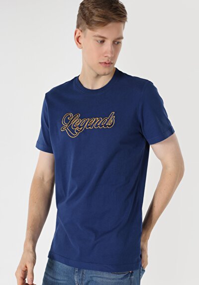 اعرض التفاصيل لـ   رقبة مستديرة مستقيم رجالي أزرق غامق كم قصير تي شيرت