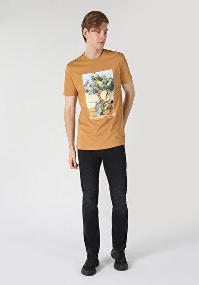 اعرض التفاصيل لـ قصة عادية رقبة مستديرة تي شيرت رجالي بني بأكمام قصيرة