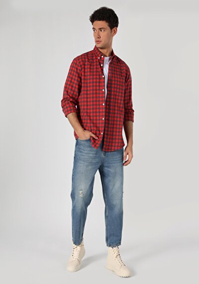 صورة من فضفاض مريح بقصة قطرة المنشعب قصير الساق جينز نيلي للرجال