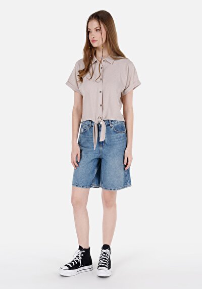 صورة من عادي مناسب بخصر عالي نسائي شورت جينز جينز