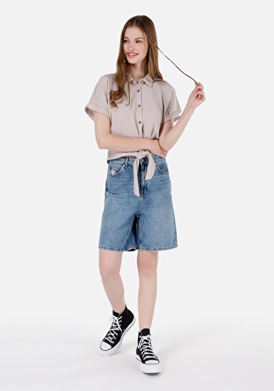 اعرض التفاصيل لـ عادي مناسب بخصر عالي نسائي شورت جينز جينز