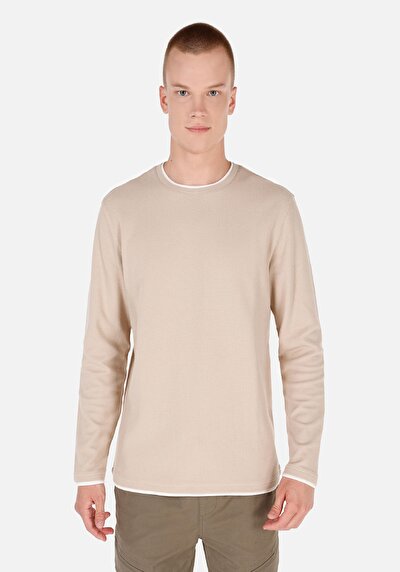 صورة من   رقبة مستديرة مستقيم رجالي بيج كم طويل تي شيرت