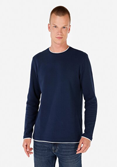 صورة من   رقبة مستديرة مستقيم رجالي أزرق كحلي كم طويل تي شيرت