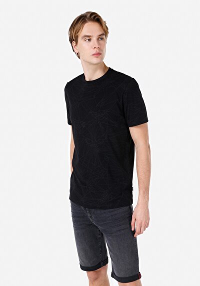 صورة من عادي مقاس رقبة مستديرة مستقيم رجالي أسود كم قصير تي شيرت