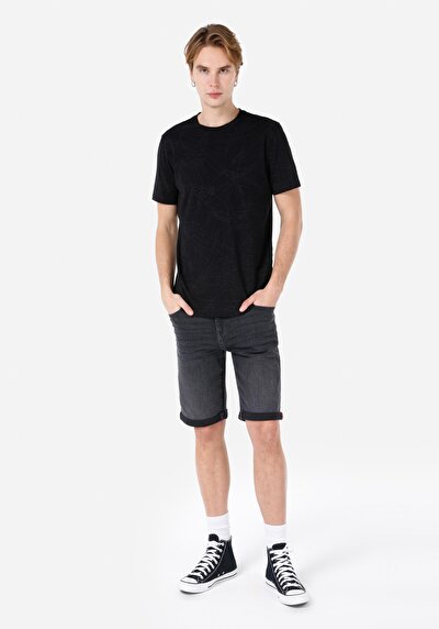 صورة من عادي مقاس رقبة مستديرة مستقيم رجالي أسود كم قصير تي شيرت