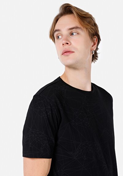 صورة من عادي مقاس رقبة مستديرة مستقيم رجالي أسود كم قصير تي شيرت