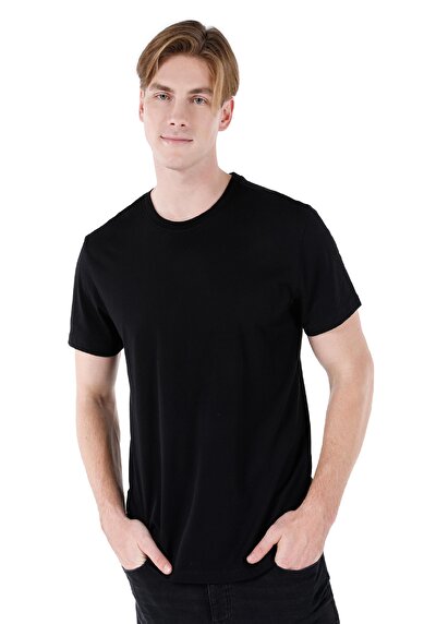 صورة من كومفورت فيت رقبة مستديرة مستقيم رجالي أسود كم قصير تي شيرت