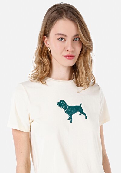 صورة من رقبة مستديرة مطبوعة نسائية بيج كم قصير تي شيرت