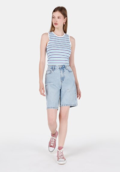 صورة من عادي مناسب عالي الخصر نسائي نيلي جان شورت