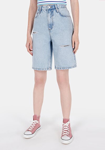 صورة من عادي مناسب عالي الخصر نسائي نيلي جان شورت