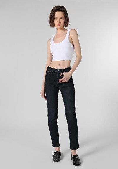 اعرض التفاصيل لـ نحيف   الخصر مستقيم الساق النسائية جينز نيلي غامق