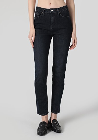 اعرض التفاصيل لـ نحيف   الخصر مستقيم الساق النسائية جينز نيلي غامق